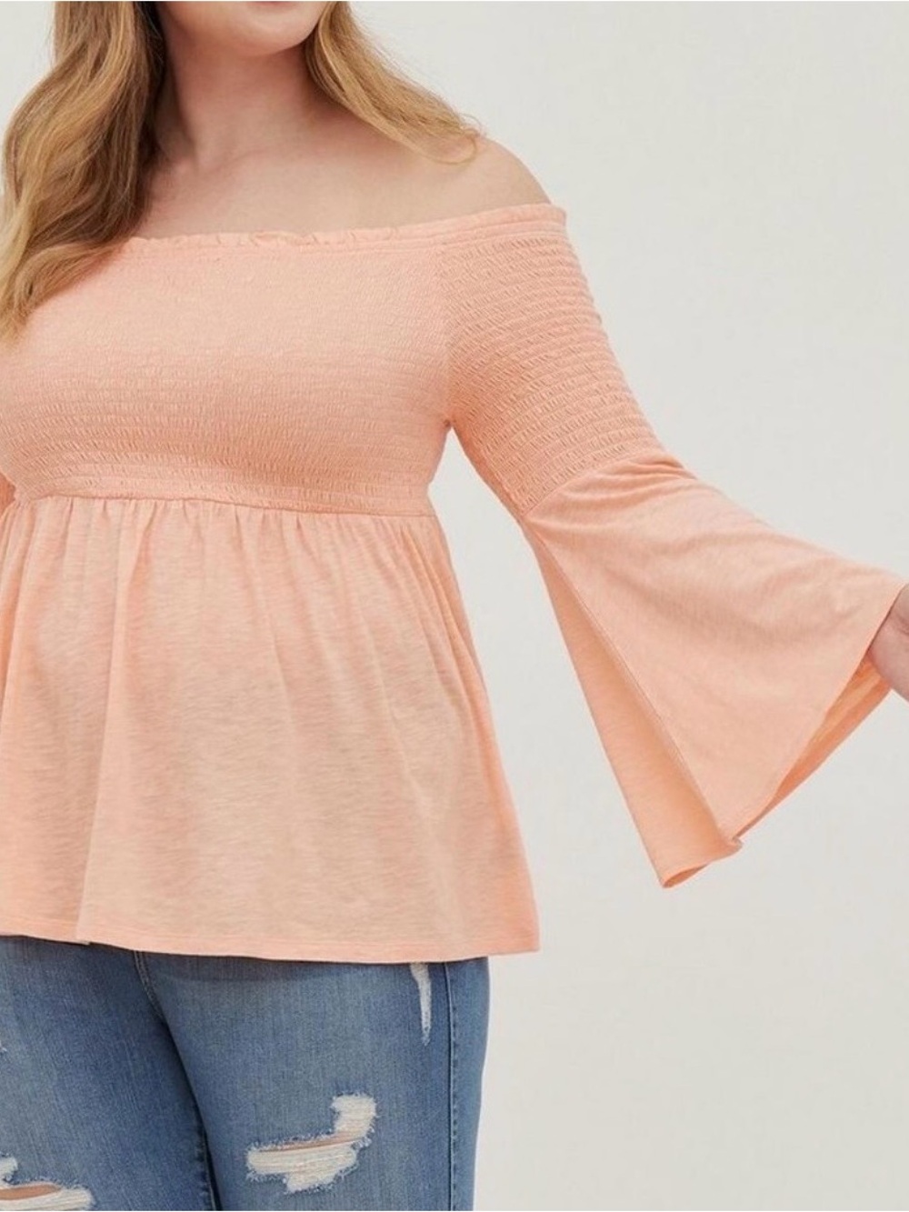 Torrid Babydoll Knit Smocked Off-Shoulder Bell Sleeve